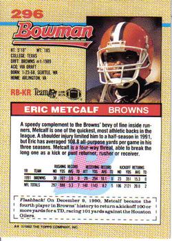 1992 Bowman #296 Eric Metcalf Back