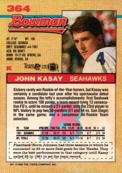 1992 Bowman #364 John Kasay Back