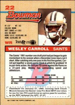1992 Bowman #22 Wesley Carroll Back