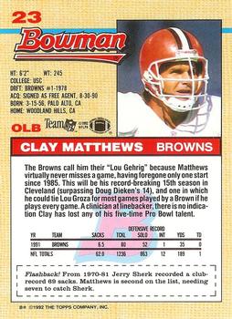 1992 Bowman #23 Clay Matthews Back