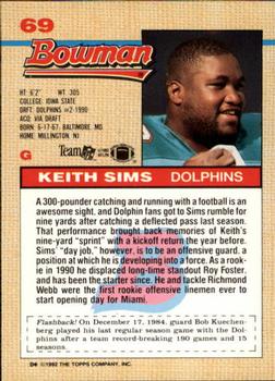 1992 Bowman #69 Keith Sims Back