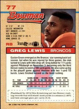 1992 Bowman #77 Greg Lewis Back