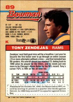 1992 Bowman #89 Tony Zendejas Back