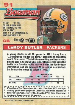 1992 Bowman #91 LeRoy Butler Back