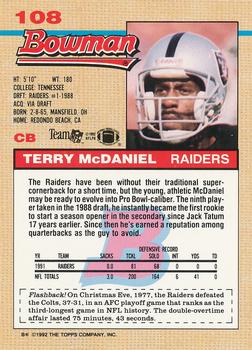 1992 Bowman #108 Terry McDaniel Back
