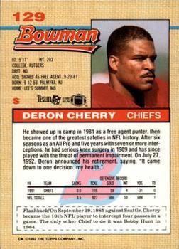 1992 Bowman #129 Deron Cherry Back