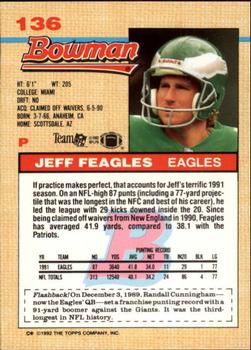 1992 Bowman #136 Jeff Feagles Back