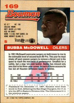 1992 Bowman #169 Bubba McDowell Back
