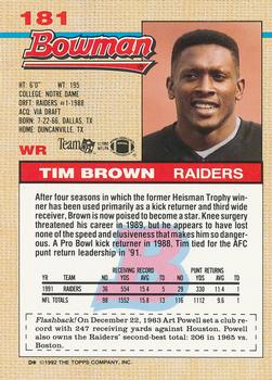 1992 Bowman #181 Tim Brown Back