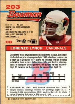 1992 Bowman #203 Lorenzo Lynch Back