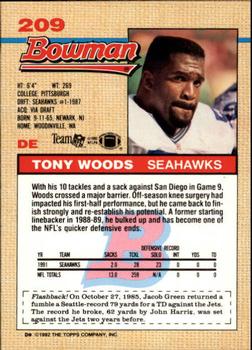 1992 Bowman #209 Tony Woods Back