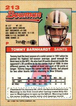 1992 Bowman #213 Tommy Barnhardt Back