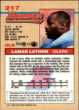 1992 Bowman #217 Lamar Lathon Back