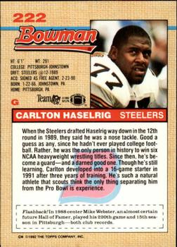 1992 Bowman #222 Carlton Haselrig Back