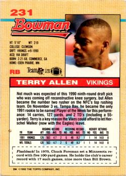 1992 Bowman #231 Terry Allen Back
