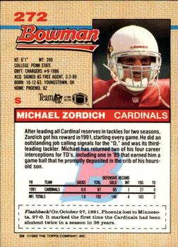 1992 Bowman #272 Michael Zordich Back