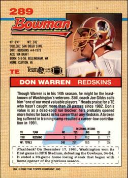 1992 Bowman #289 Don Warren Back