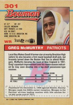 1992 Bowman #301 Greg McMurtry Back