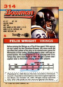 1992 Bowman #314 Felix Wright Back