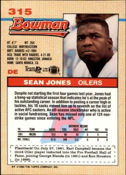 1992 Bowman #315 Sean Jones Back