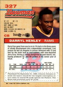 1992 Bowman #327 Darryl Henley Back