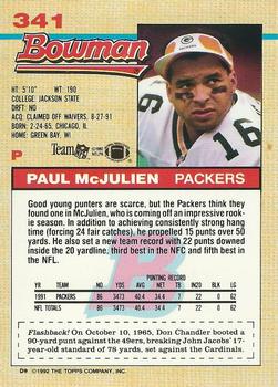 1992 Bowman #341 Paul McJulien Back