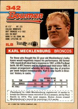 1992 Bowman #342 Karl Mecklenburg Back