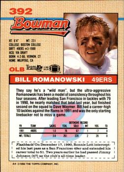1992 Bowman #392 Bill Romanowski Back