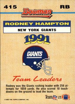 1992 Bowman #415 Rodney Hampton Back