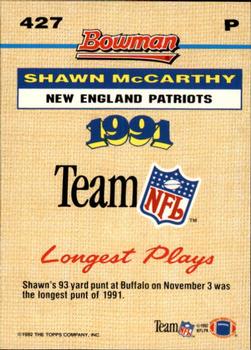 1992 Bowman #427 Shawn McCarthy Back