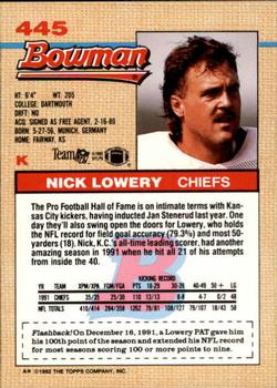 1992 Bowman #445 Nick Lowery Back
