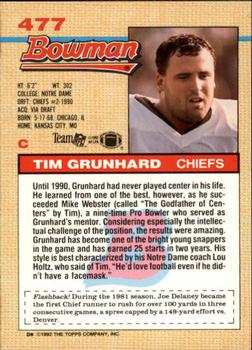 1992 Bowman #477 Tim Grunhard Back