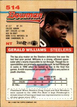 1992 Bowman #514 Gerald Williams Back