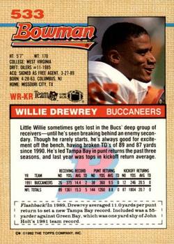 1992 Bowman #533 Willie Drewrey Back