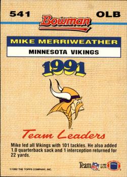 1992 Bowman #541 Mike Merriweather Back