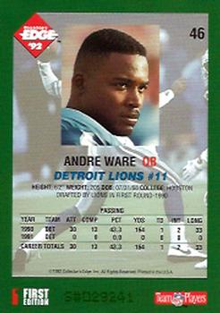 1992 Collector's Edge #46 Andre Ware Back