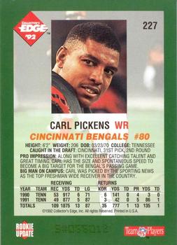 1992 Collector's Edge #227 Carl Pickens Back