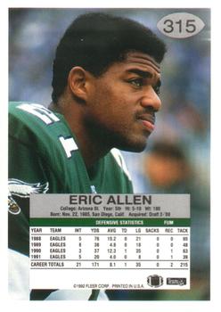 1992 Fleer #315 Eric Allen Back