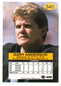 1992 Fleer #340 Gary Anderson Back