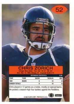 1992 Fleer #52 Chris Zorich Back