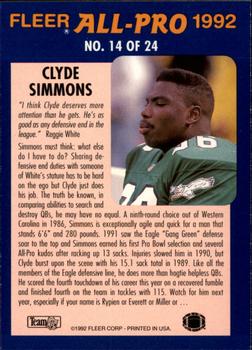 1992 Fleer - Fleer All-Pro 1992 #14 Clyde Simmons Back