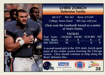 1992 Pacific #38 Chris Zorich Back