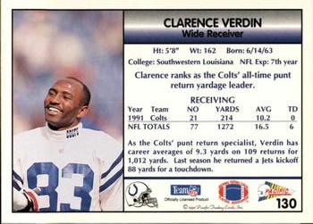 1992 Pacific #130 Clarence Verdin Back