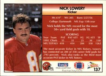 1992 Pacific #137 Nick Lowery Back