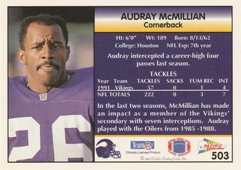 1992 Pacific #503 Audray McMillian Back