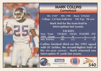 1992 Pacific #540 Mark Collins Back