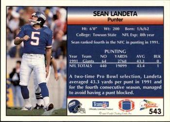 1992 Pacific #543 Sean Landeta Back