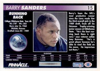 1992 Pinnacle #15 Barry Sanders Back