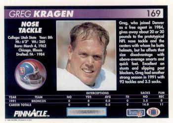 1992 Pinnacle #169 Greg Kragen Back
