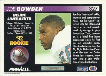 1992 Pinnacle #327 Joe Bowden Back